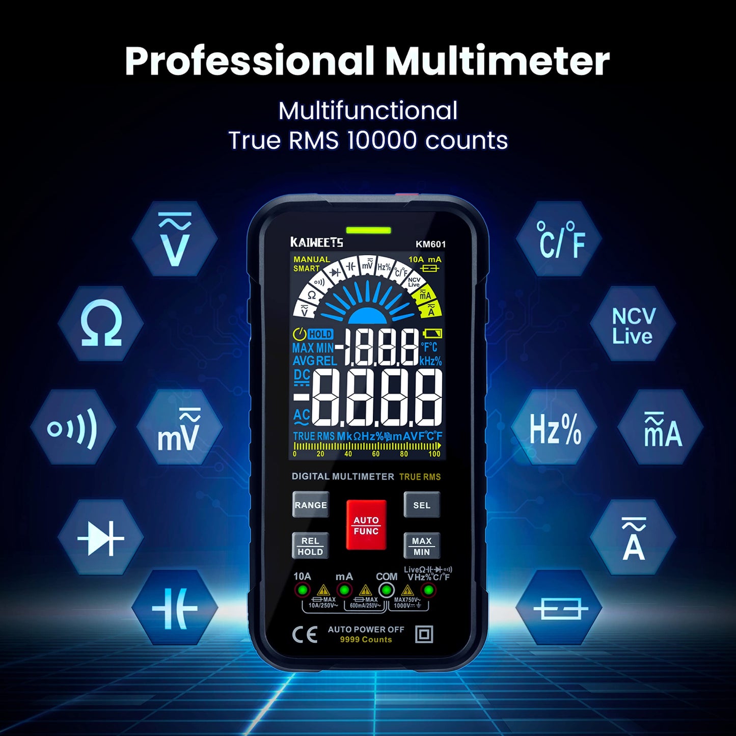 Kaiweets KM601 Multimeter KM601 Digital Multimeter RMS Smart Digital Multimeter Multi-Functional Digital Multimeter For Voltmeter, Ammeter, Ohmmeter - RS6845