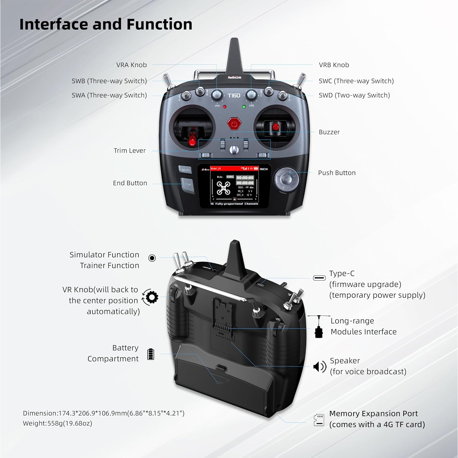 Radiolink T16D 16-Channel RC Transmitter & R16F Telemetry Receiver Combo Multi-Protocol, Voice Broadcast, 2.4GHz Digital Radio Remote Control System for FPV Drone, RC Airplane, Car, Boat - Mode 2 Left Throttle - RS7647
