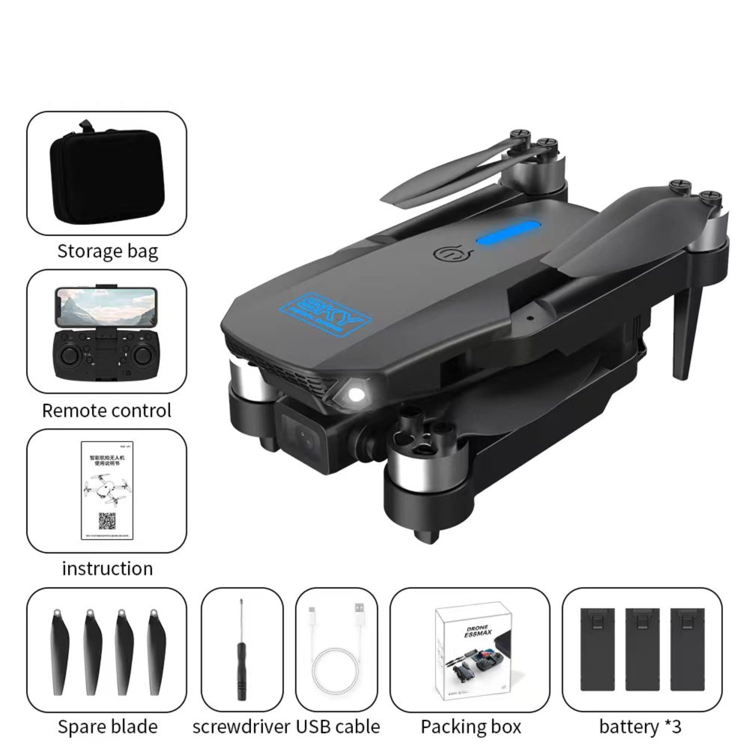E88 Max Drone – Foldable HD Dual Camera WiFi FPV Quadcopter with 20 min Flight Time - RS8720