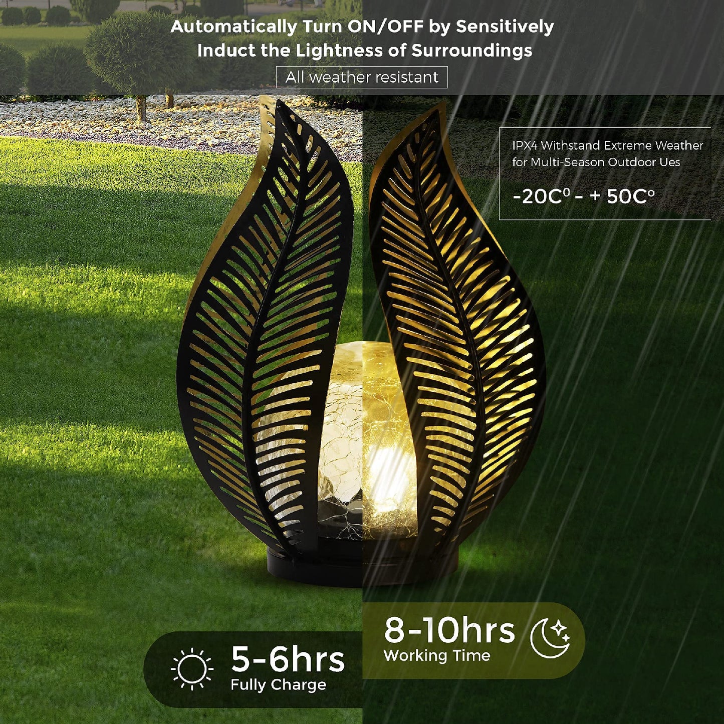 Solar Palm Leaf Stake Lights Outdoor Cracked Glass Stake Lights Solar Garden Lights Decorations Waterproof Metal Stake Lights Solar LED Light - RS5868