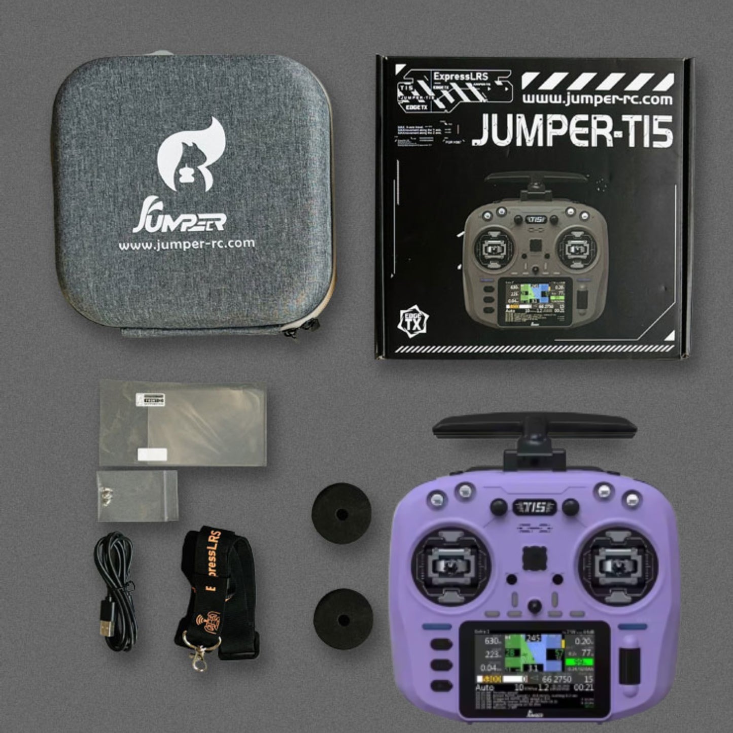 Jumper T15 Advanced ELRS 2.4GHz Radio Controller Precision Hall Gimbals, 3.5-inch Touchscreen, EdgeTX Compatible for FPV Drone Piloting - Cold Purple - RS8564