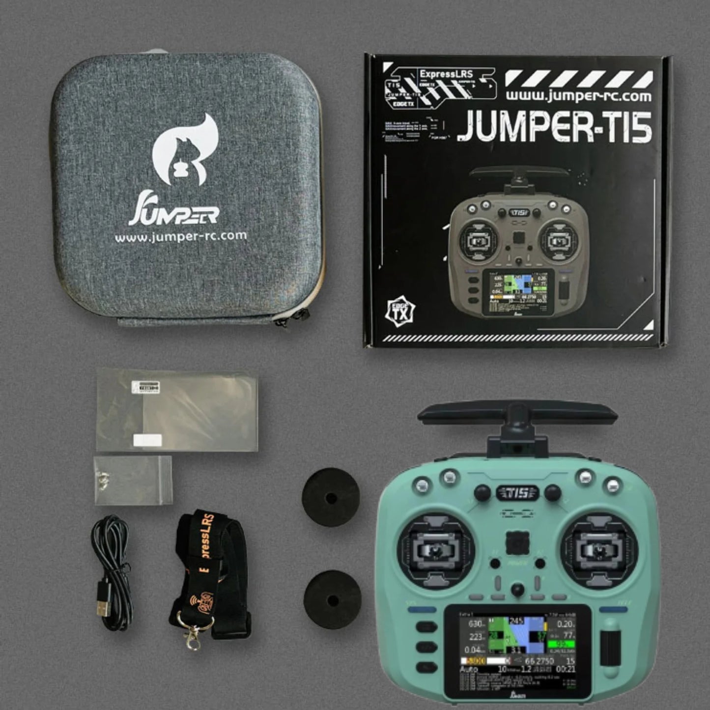 Jumper T15 Advanced ELRS 2.4GHz Radio Controller Precision Hall Gimbals, 3.5-inch Touchscreen, EdgeTX Compatible for FPV Drone Piloting - Mint Green - RS8565