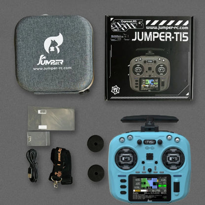 Jumper T15 Advanced ELRS 2.4GHz Radio Controller Precision Hall Gimbals, 3.5-inch Touchscreen, EdgeTX Compatible for FPV Drone Piloting - Cyan Blue - RS8560