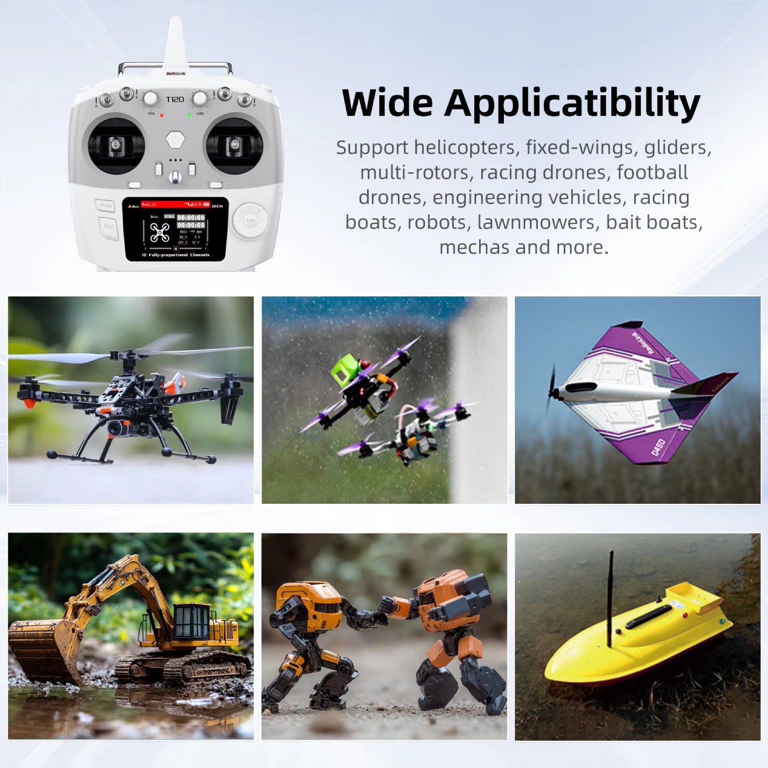 Radiolink T12D 12-Channel ELRS Transmitter & R12F Receiver Combo 2.4GHz High-Performance Remote Control with External Module Support for RC Drones, Airplanes, Cars & Boats - Mode 2 - RS7646