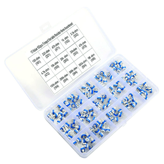 150 Pcs 15 Value 100 ohm- 1M ohm Trimpot Variable Resistor 6mm Potentiometer Assortment Kit - RS1135 - REES52