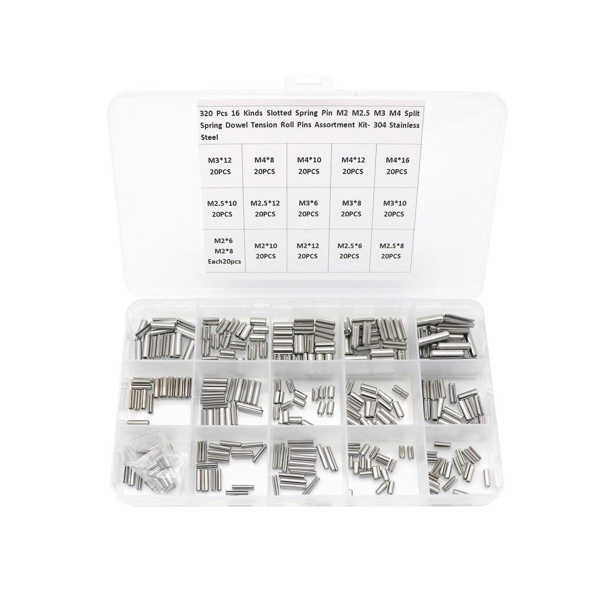 Slotted Spring Pin Assortment Kit 320 Pcs 16 Kinds Slotted Spring Pin 304 Stainless Steel M2 M2 