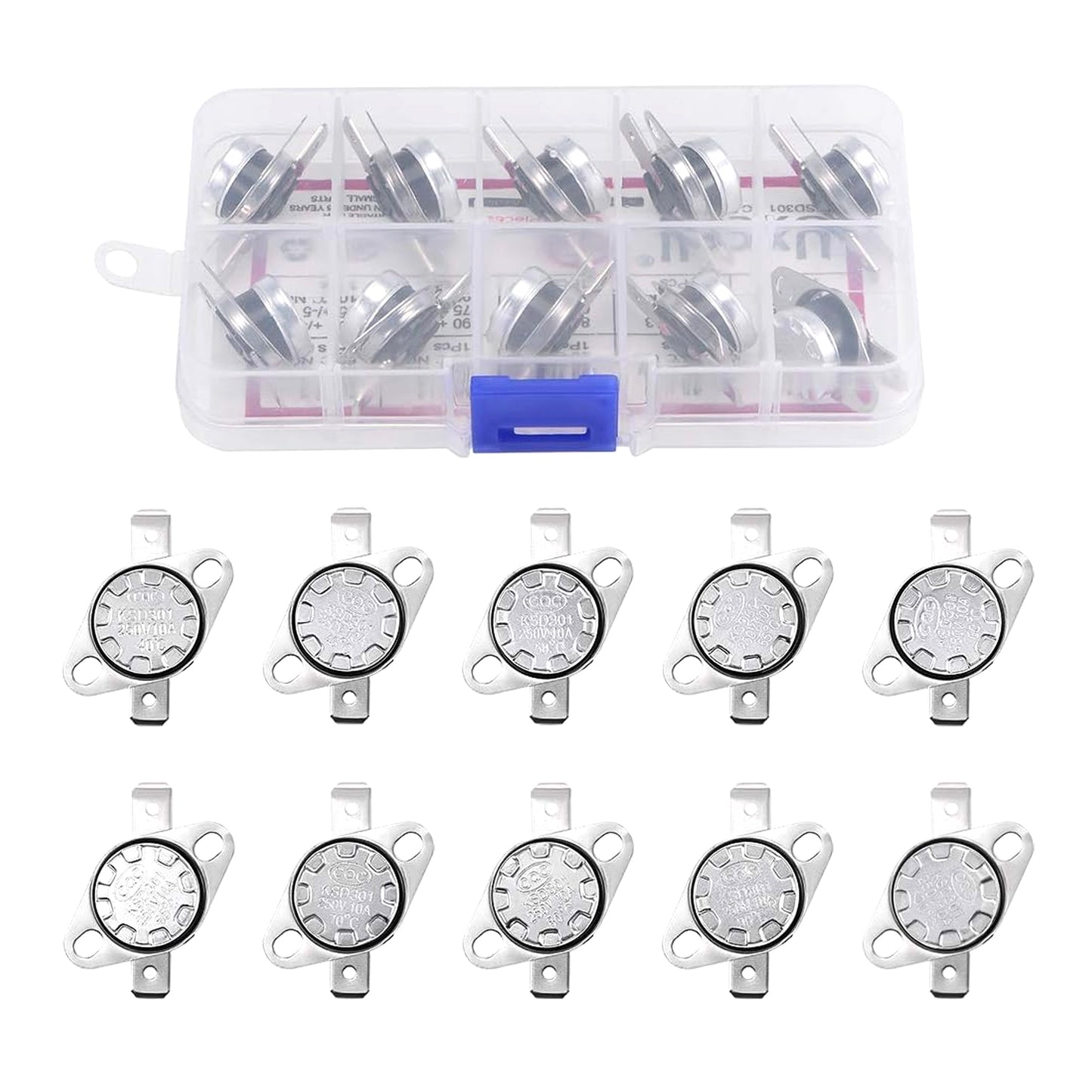 KSD301 Thermostat 40-100°C(104-212°F) Temperature Thermal Control Switch 40 45 50 55 60 65 70 80 90 100°C Normally Open Assortment Kit Thermostat Assortment Kit - RS2806 - REES52