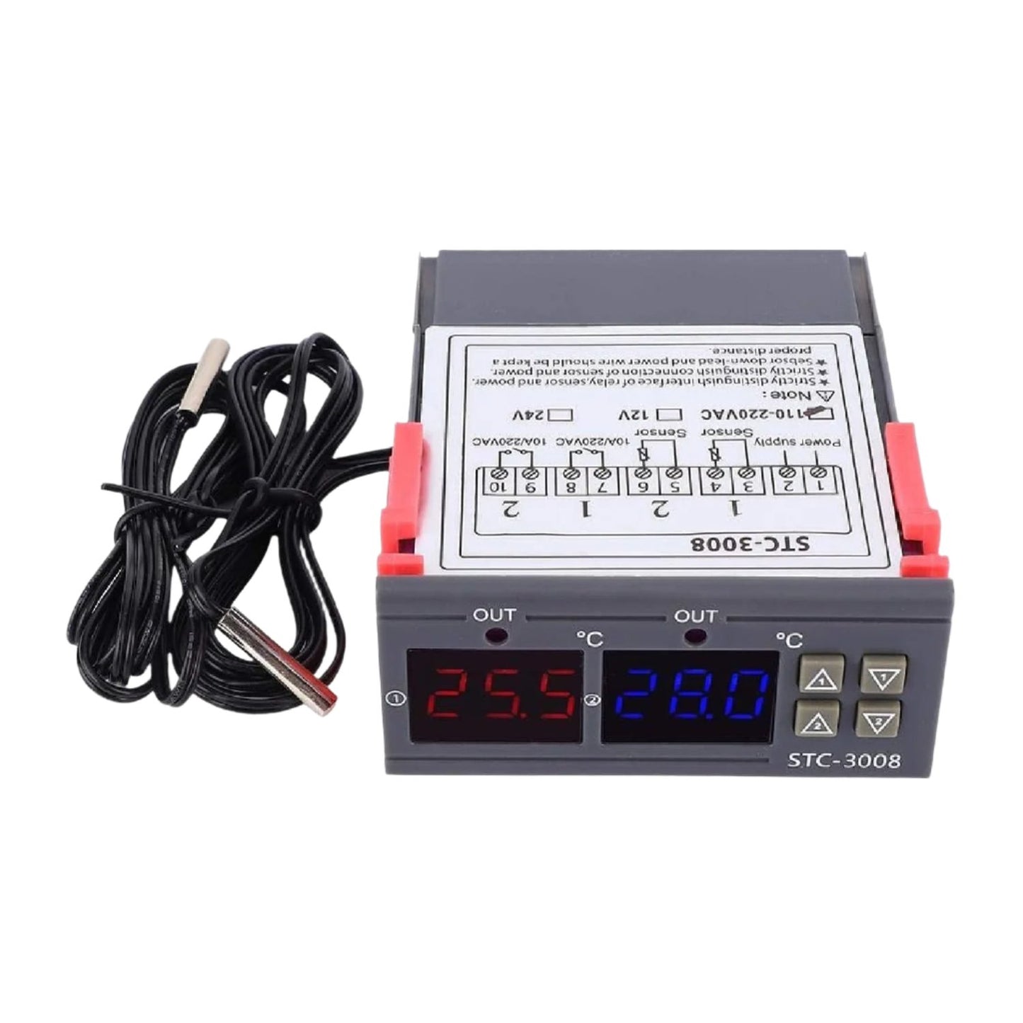 STC-3008 Dual Display Temperature Controller 12V Temperature Controller NTC Sensor Thermostat Dual Display Thermostat Controller With 1M NTC Probe - RS3523