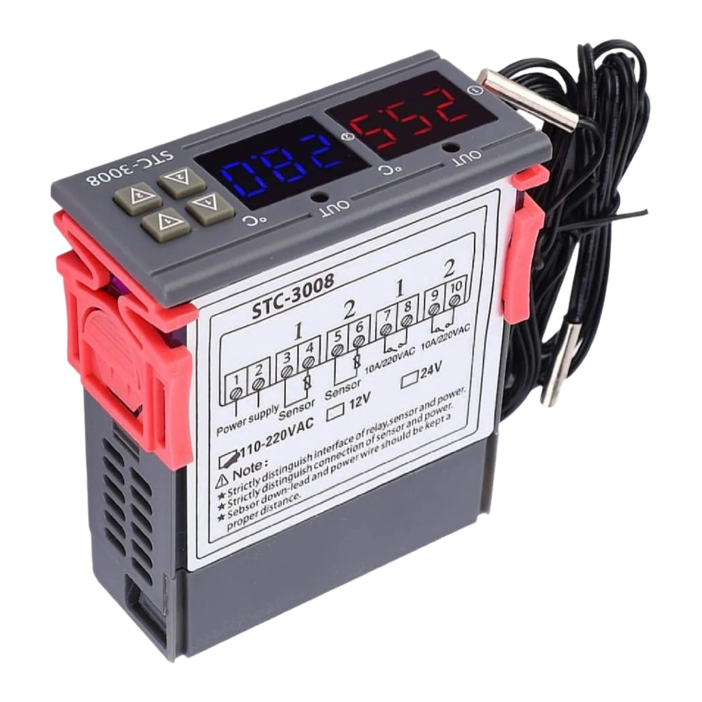 STC-3008 Dual Display Temperature Controller 12V Temperature Controller NTC Sensor Thermostat Dual Display Thermostat Controller With 1M NTC Probe - RS3523