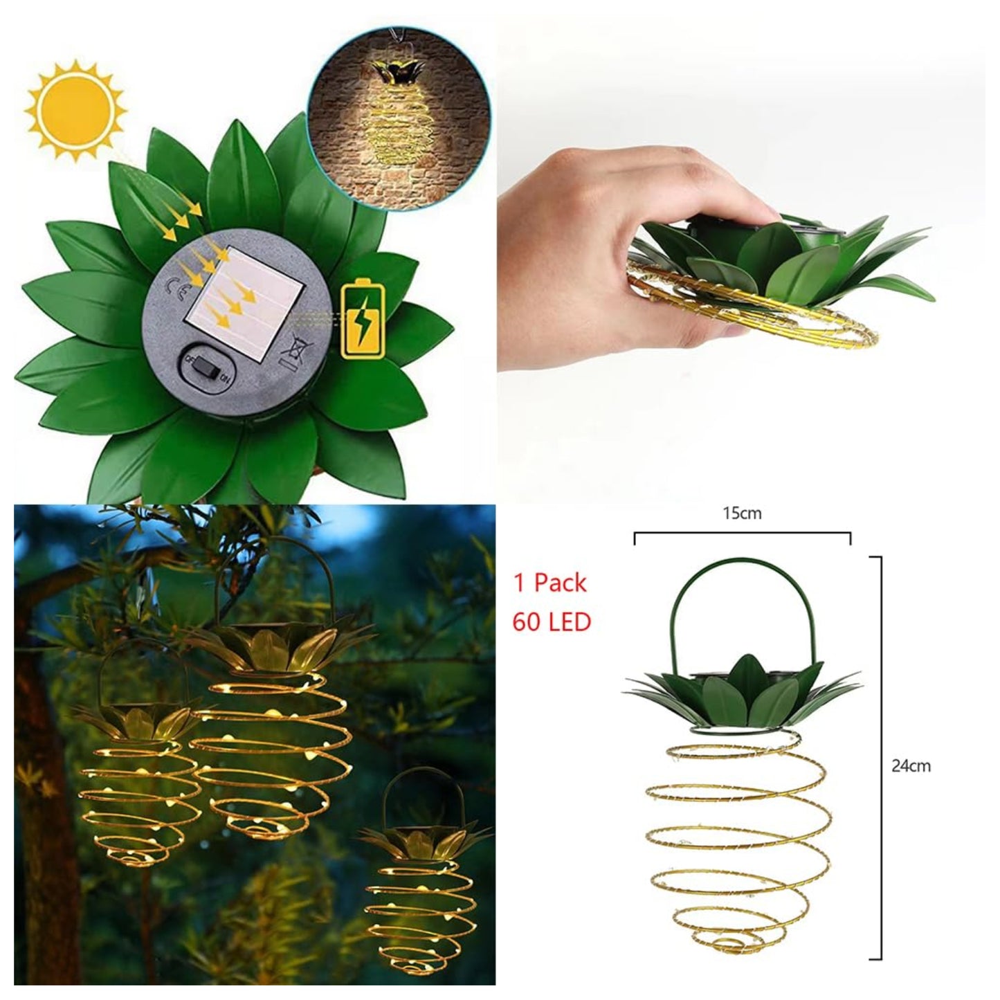 Hanging Pineapple Decorative Solar Light 60LED Solar Lanterns Outdoor Waterproof For Backyard, Porch, Patio, Table, Yard, Balcony, Plants, Teepee, Lawn, Pathway, Warm Light, Pack Of 1 - RS5852