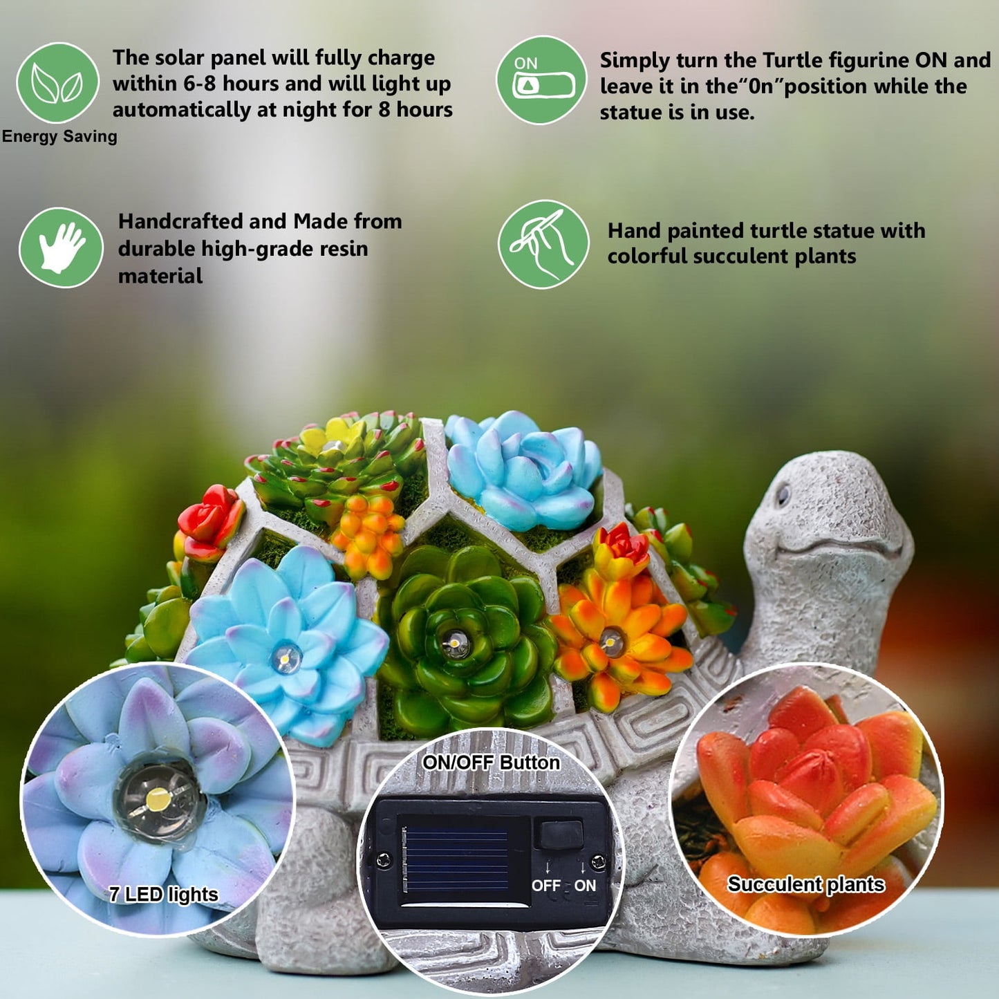 Turtle Succulent Statue Solar Light Turtle Statue Solar Walkway Light Turtle With Succulent And 7 LED Lights Garden Decoration Solar Lights Yard Solar Light Waterproof Solar LED Light - RS5866