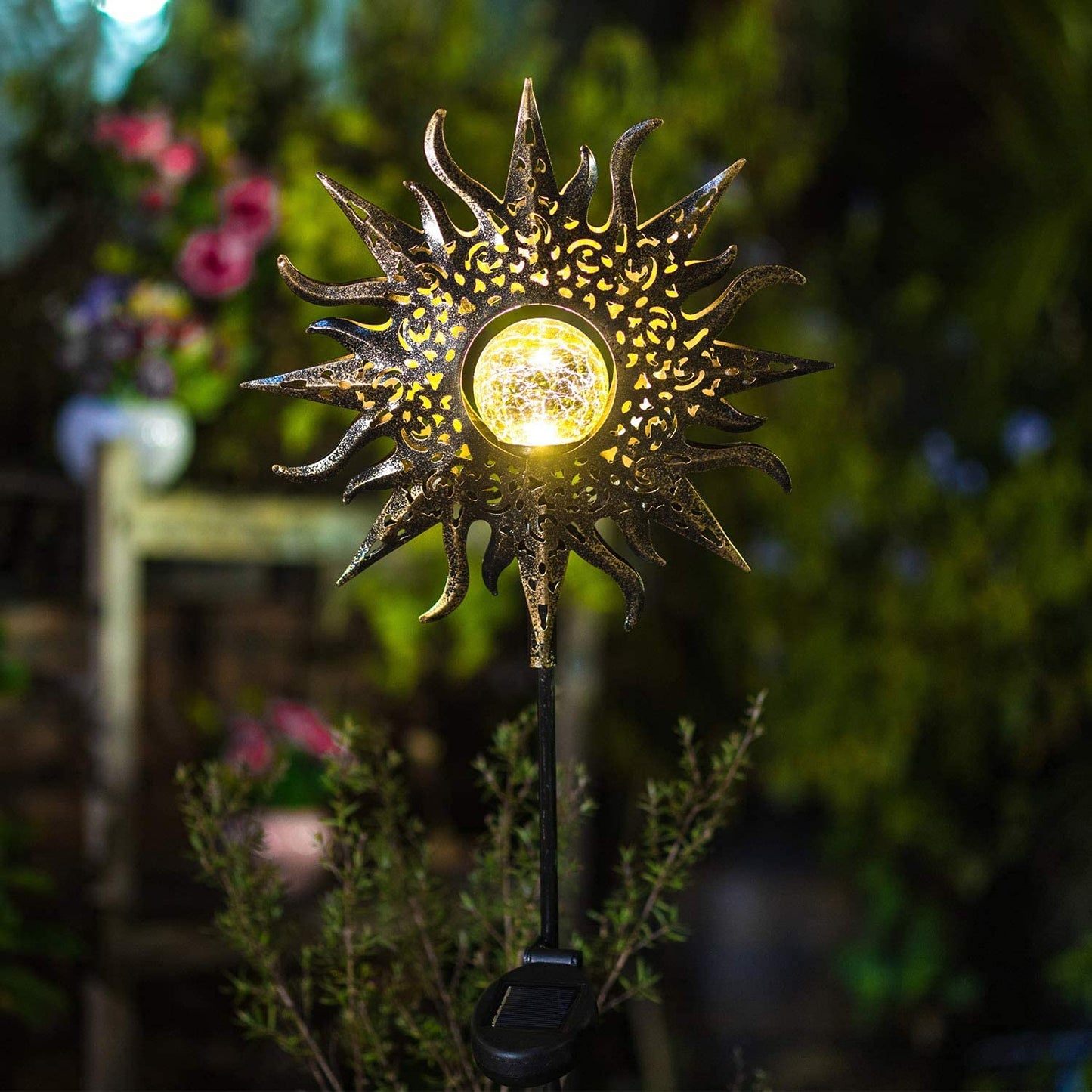 Metal Sun Stakes Solar Light Sun Statue Solar Walkway Light Garden Decoration Solar Lights Yard Solar Light Metal Garden Stakes Solar LED Light - RS5870