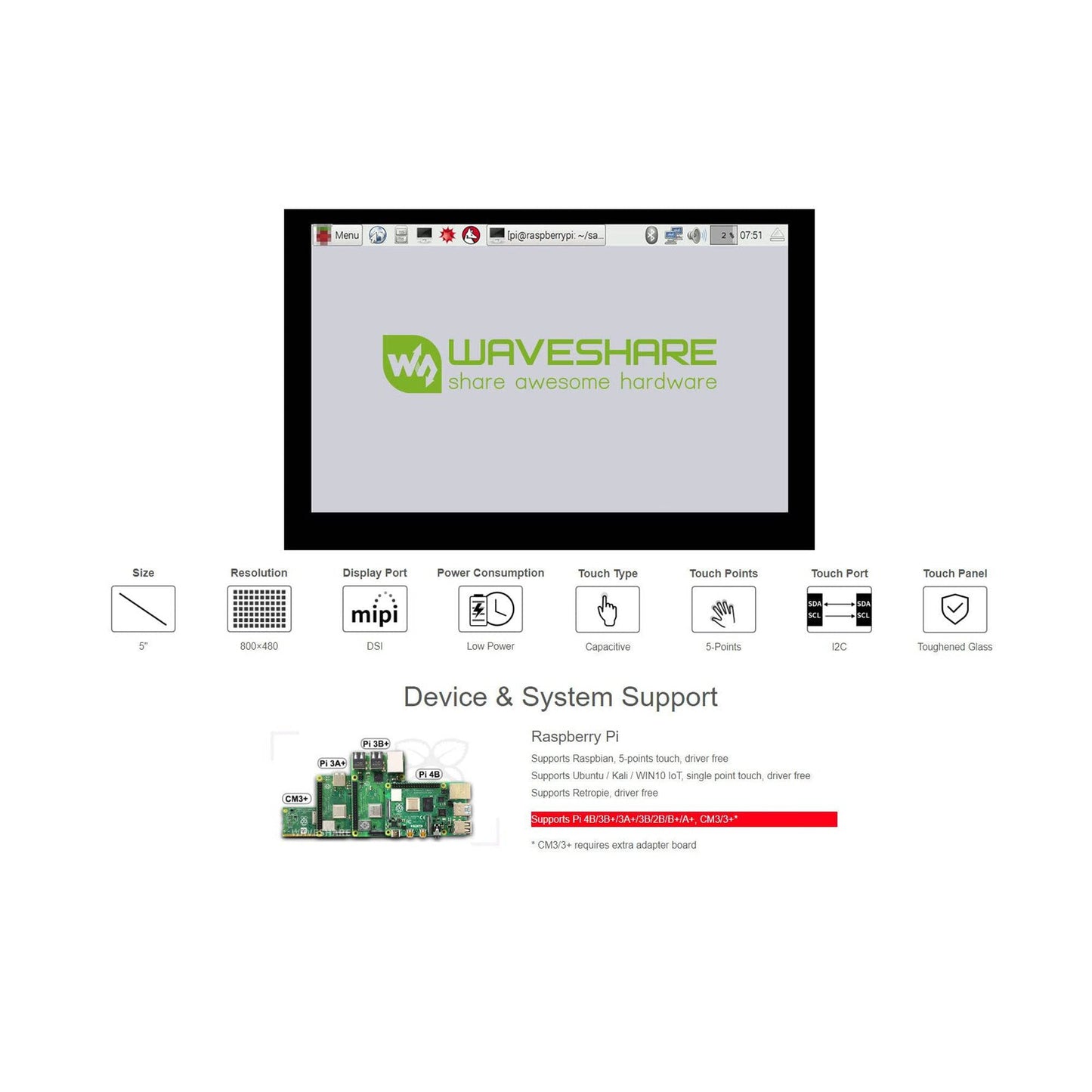Waveshare 7 Inch DSI TFT-LCD Display 800*480 Pixels Met Touchscreen Plakstrip En Camera Voor Raspberry Pi Waveshare 7 Inch DSI TFT-LCD Display 800*480 Pixels Met Touchscreen Plakstrip En Camera Voor Raspberry Pi