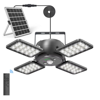 Solar Pendant Light Solar Motion Sensor Light Outdoor Solar Pendant 1200LM 144LED With Upgrade 5 Lighting Modes & Remote Control 4-Leaf 120°Adjustable Solar Lights For Home Yard Garage - RS6159