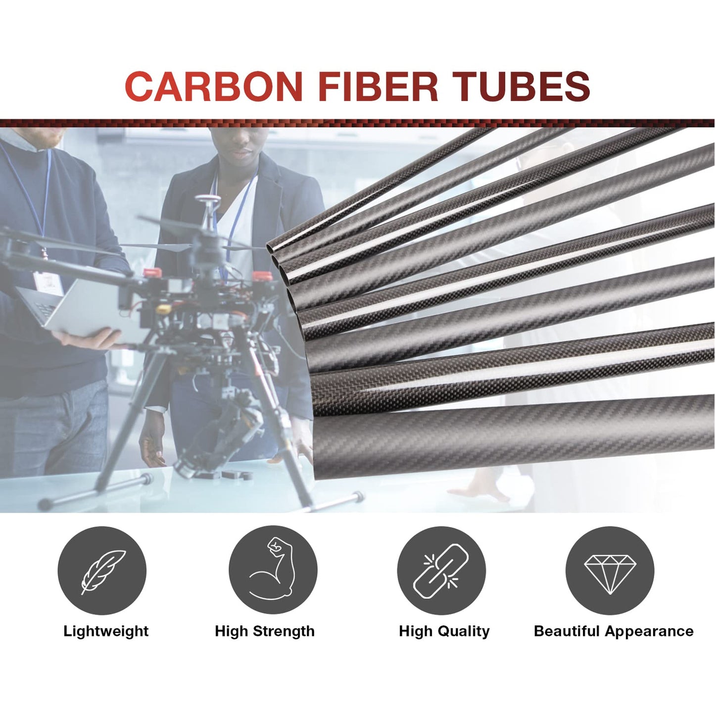 3K Carbon Fiber Tube Hollow Tube 3K Roll-Wrapped Carbon Fiber Tube With Light Weight High Strength - 30mm OD x 26mm ID x 500mm L - RS6909