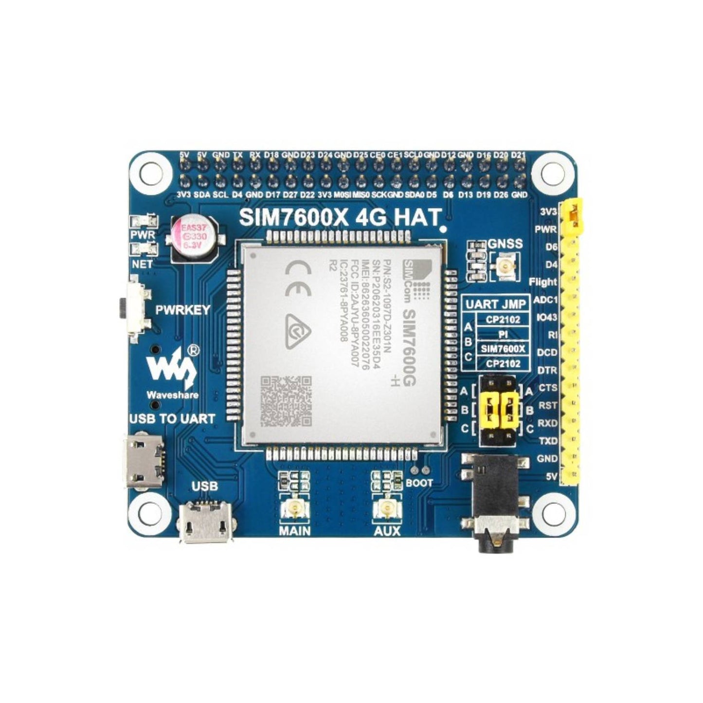 Waveshare SIM7600G-H 4G HAT LTE Cat-4 4G/3G/2G HAT for Raspberry Pi 4G HAT for Raspberry Pi 4G Module for RPi, GNSS Positioning, Global Band - RS9264