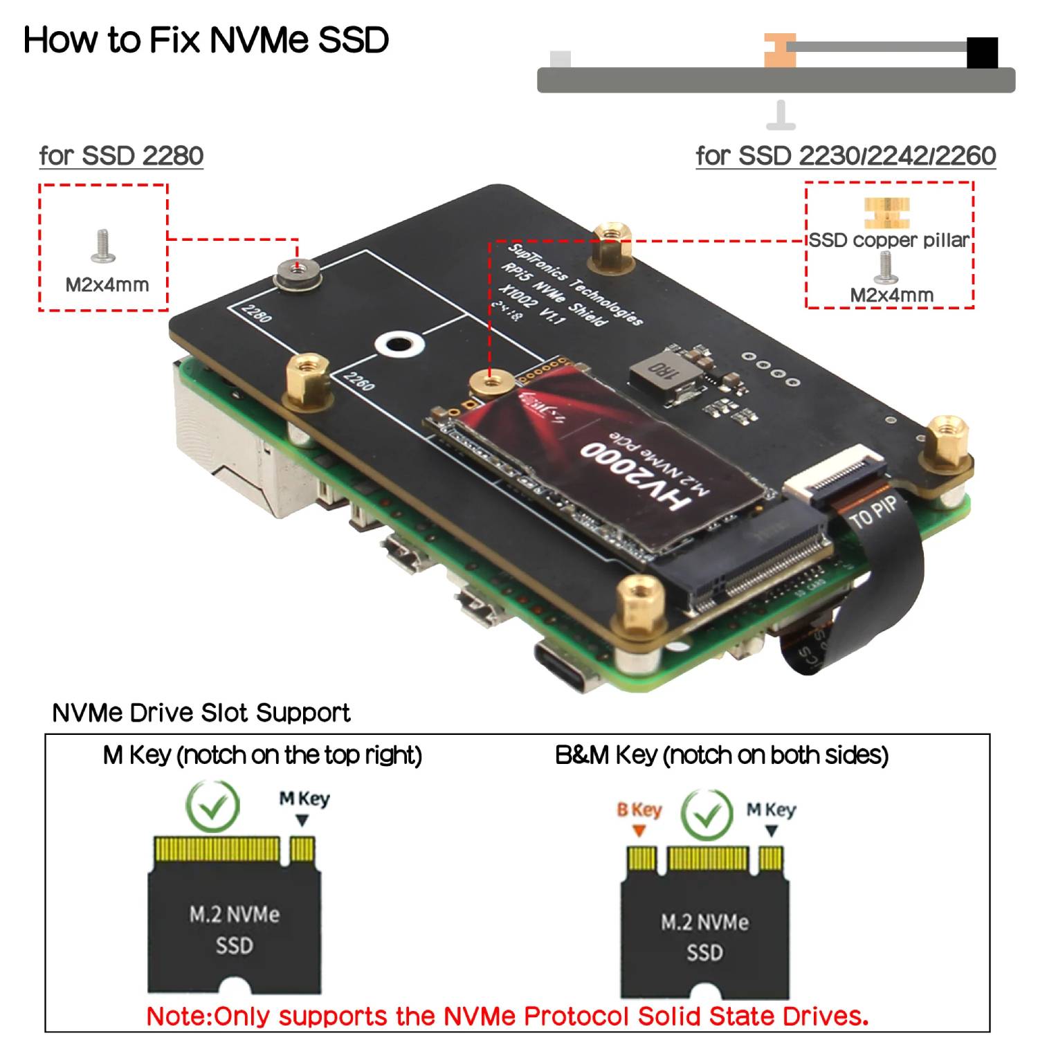 Raspberry Pi 5 PCIe to M.2 NVMe Adapter PCIe Bottom Board for NVMe SSDs High-Speed NVMe SSD via PCIe NVMe SSD Shield - RS9275