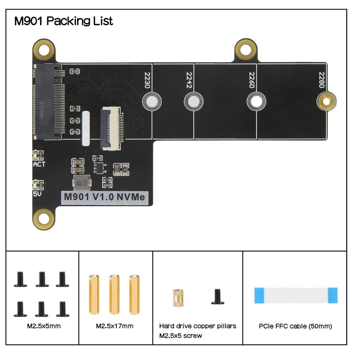 Raspberry Pi 5 M.2 NVMe SSD Adapter M901 Pi 5 PCIe to M.2 NVMe SSD Shield NVMe SSD Expansion Board Raspberry Pi 5 Storage Expansion - RS9278