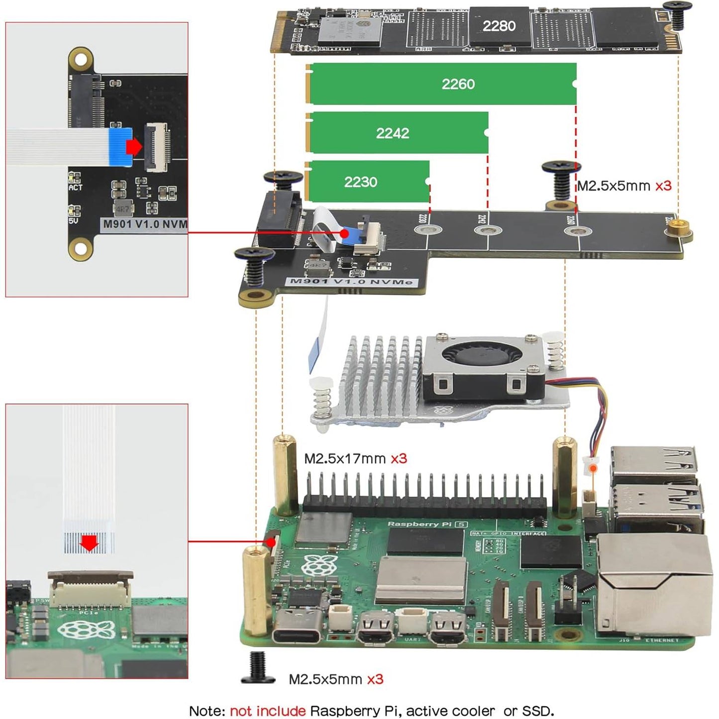 Raspberry Pi 5 M.2 NVMe SSD Adapter M901 Pi 5 PCIe to M.2 NVMe SSD Shield NVMe SSD Expansion Board Raspberry Pi 5 Storage Expansion - RS9278