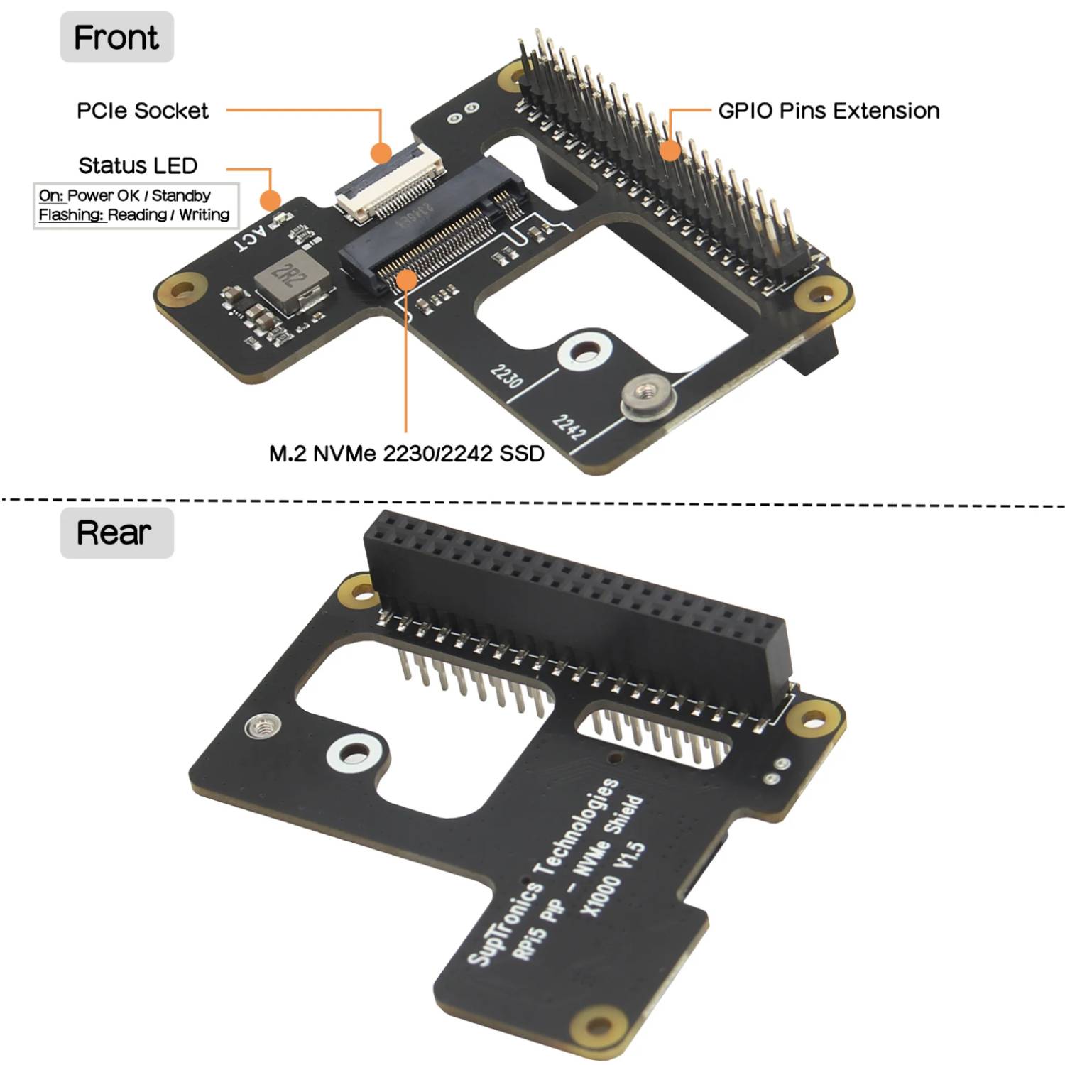 Raspberry Pi 5 M.2 NVMe SSD Adapter X1000 Pi 5 PCIe to M.2 NVMe Top HAT M.2 NVMe SSD PCIe Board NVMe SSD Expansion Shield - RS9281