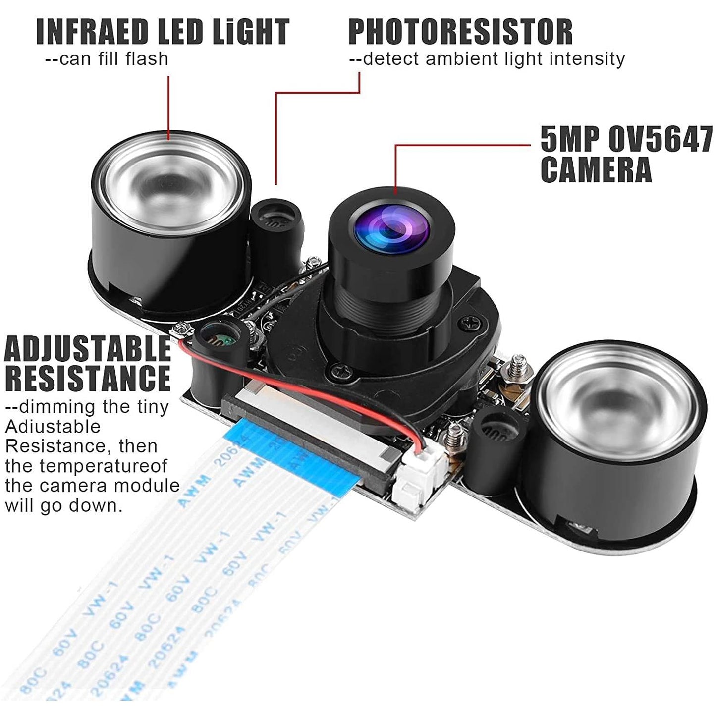 Raspberry Pi 4B Camera IR Camera Module With Holder and Cable IR Camera Module 75 Degree 5MP OV5647 Webcam Automatically Switching Between Day Vision and Night Visio For Raspberry Pi 4B 3B+ 2B+ Zero and Zero W - RS2843