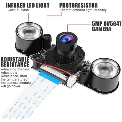 Raspberry Pi 4B Camera IR Camera Module With Holder and Cable IR Camera Module 75 Degree 5MP OV5647 Webcam Automatically Switching Between Day Vision and Night Visio For Raspberry Pi 4B 3B+ 2B+ Zero and Zero W - RS2843