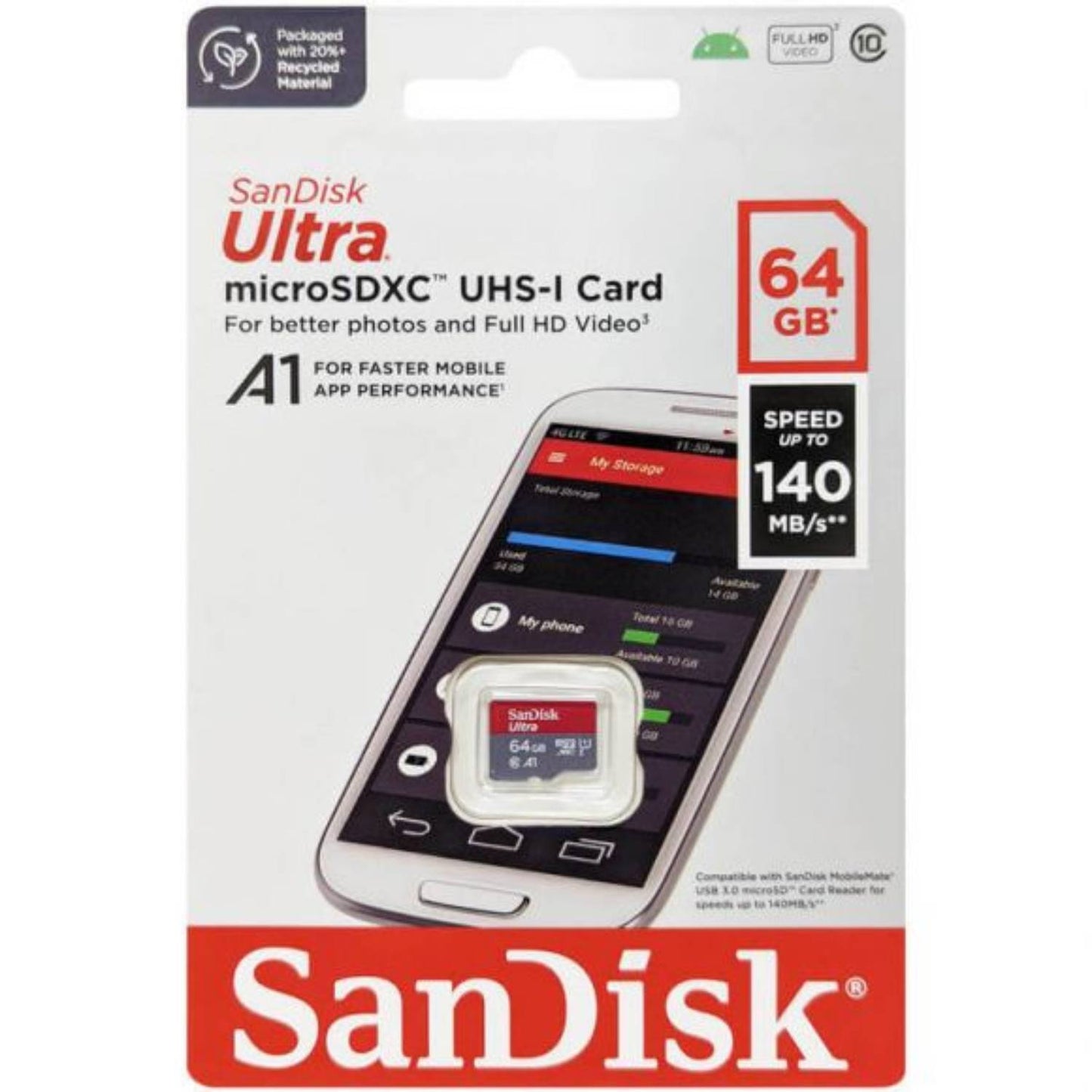 SanDisk 64GB SD Card SanDisk Ultra MicroSD Card High Speed 64GB MicroSDXC Memory Card (A1 for faster Mobile APP Performance/For Better Photos and Full HD Videos/ Speed Transfer of Files)SDSQUAB-064G-GN6MN - RS9290