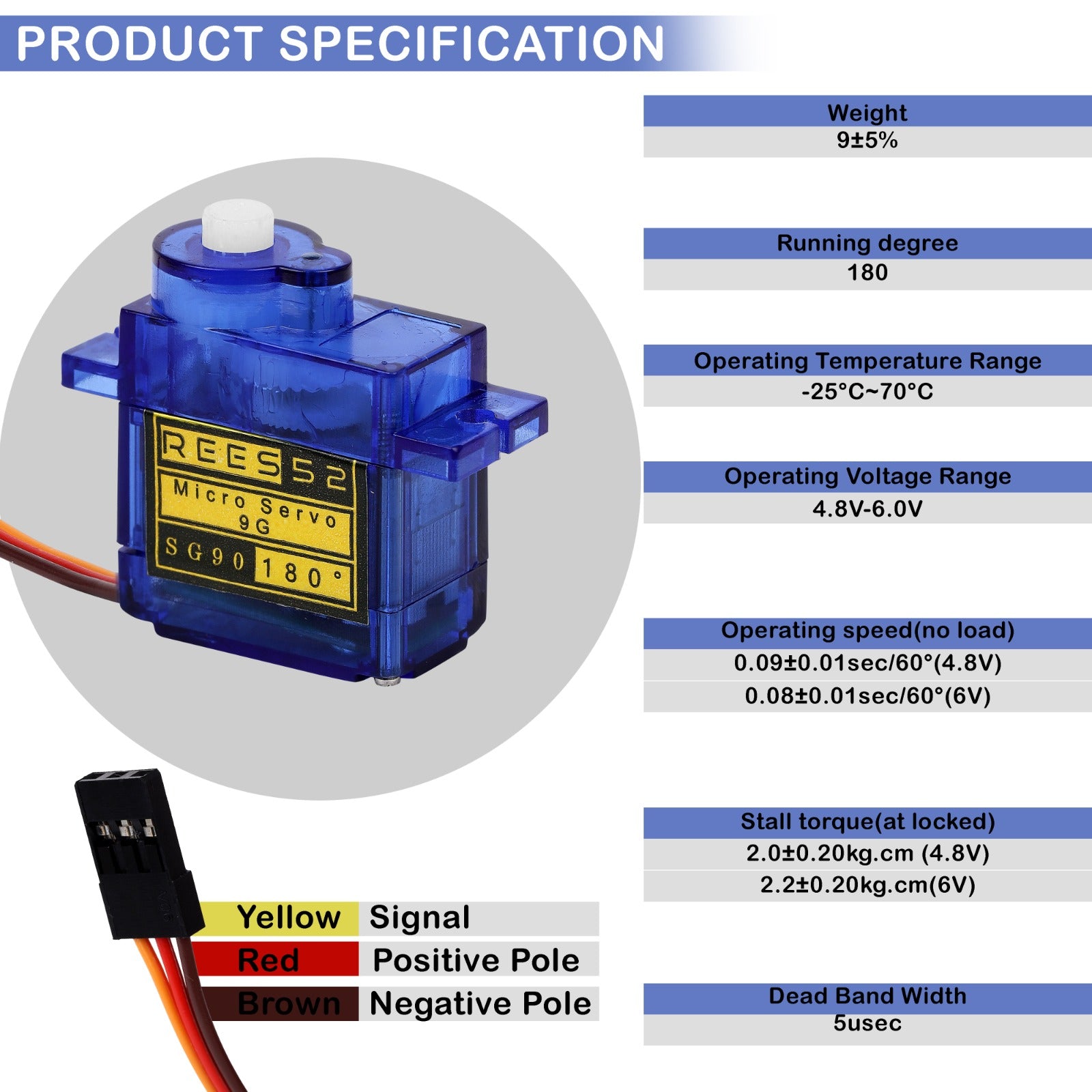 REES52 SG90 Servo Motor 9G Mini/Micro (180° Rotation)