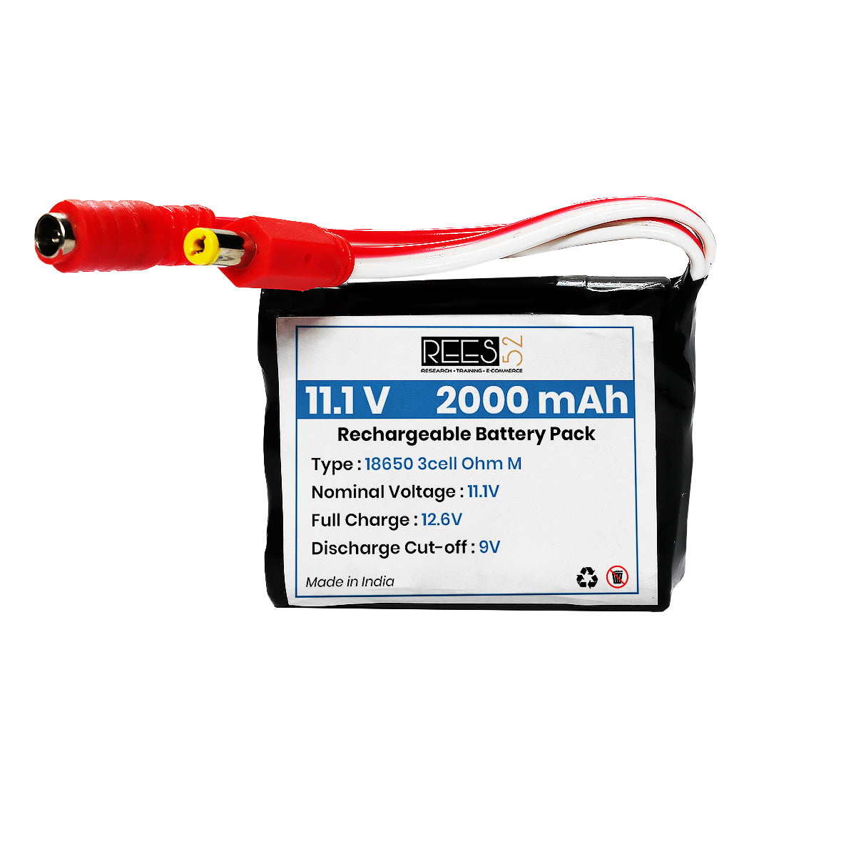 Rechargeable battery pack with red and white connectors on a white background