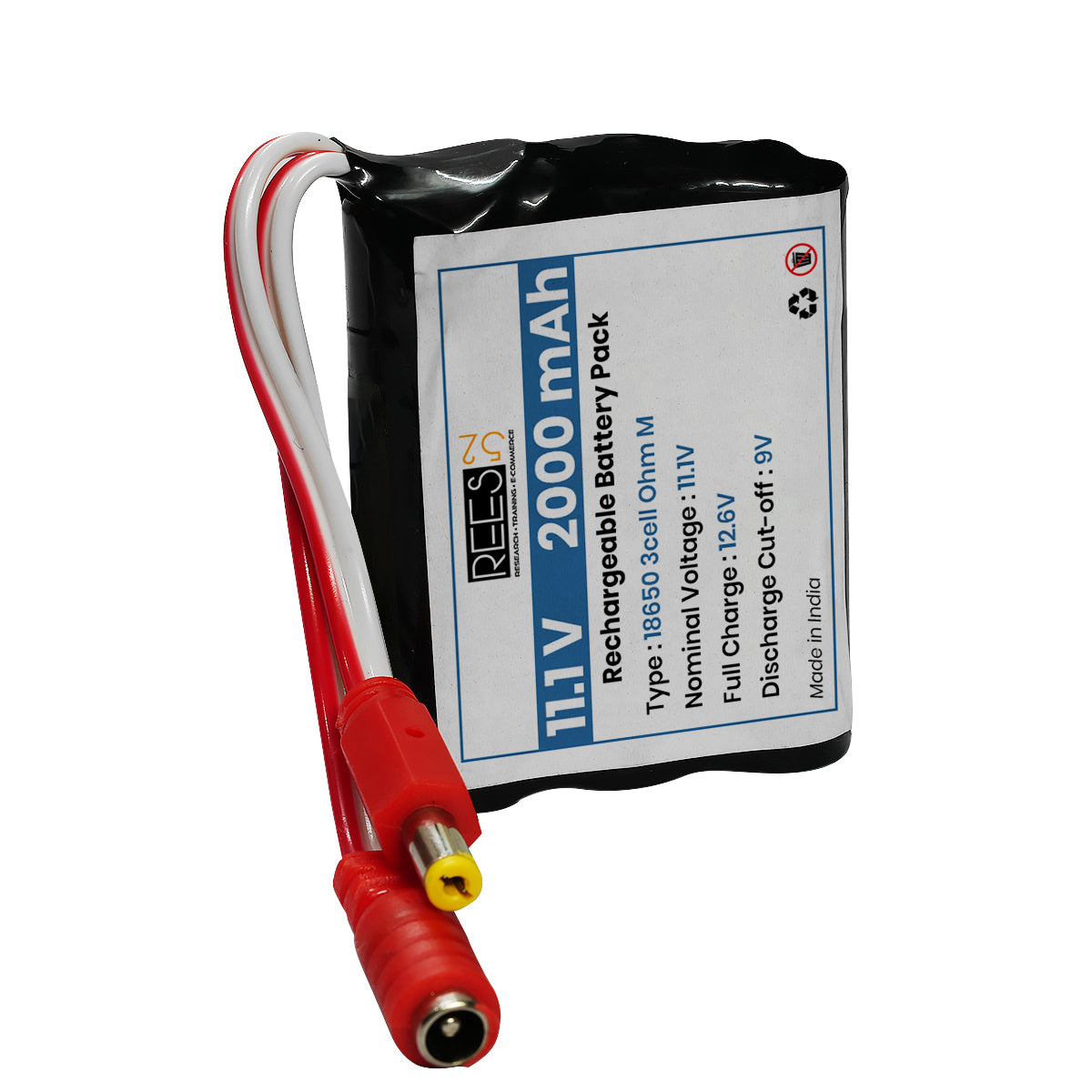 Rechargeable battery pack with red and white connectors on a white background