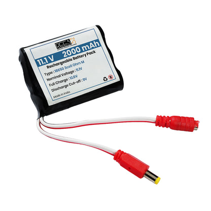 Rechargeable battery pack with red and white connectors on a white background