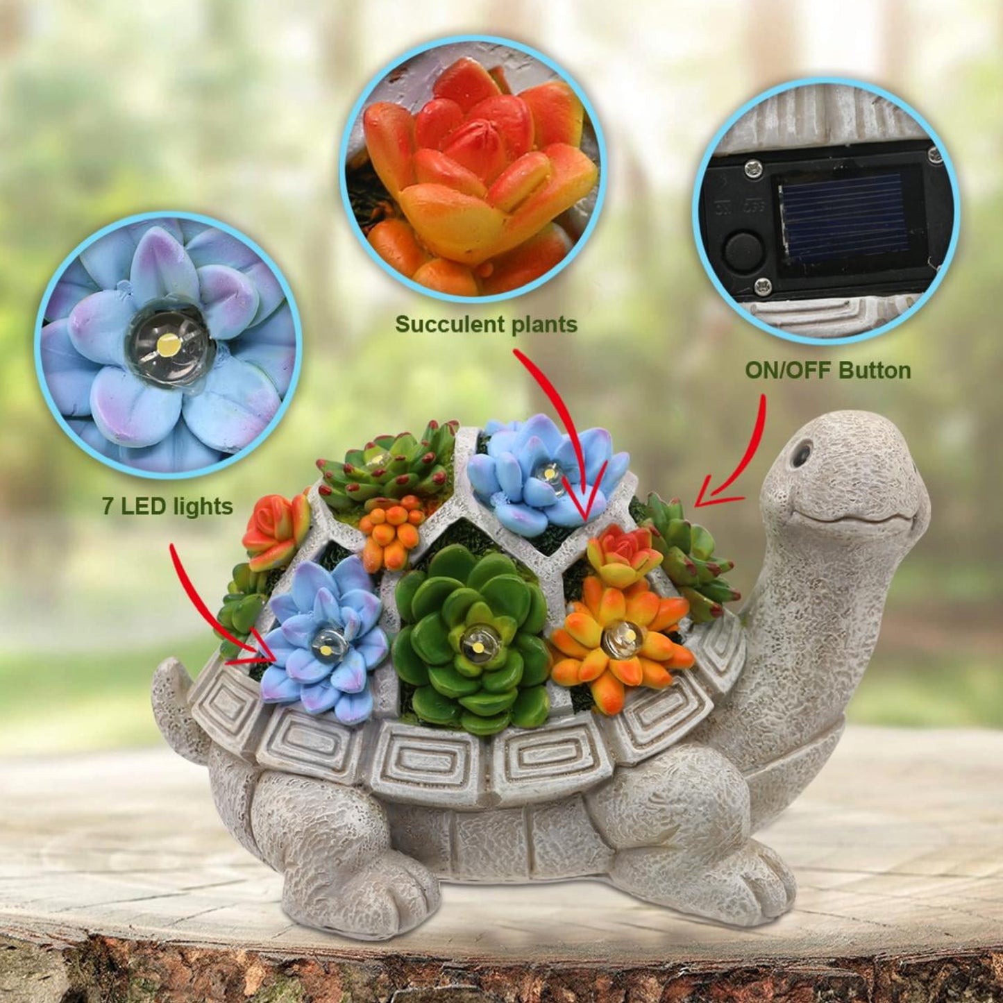 Turtle Succulent Statue Solar Light Turtle Statue Solar Walkway Light Turtle With Succulent And 7 LED Lights Garden Decoration Solar Lights Yard Solar Light Waterproof Solar LED Light - RS5866