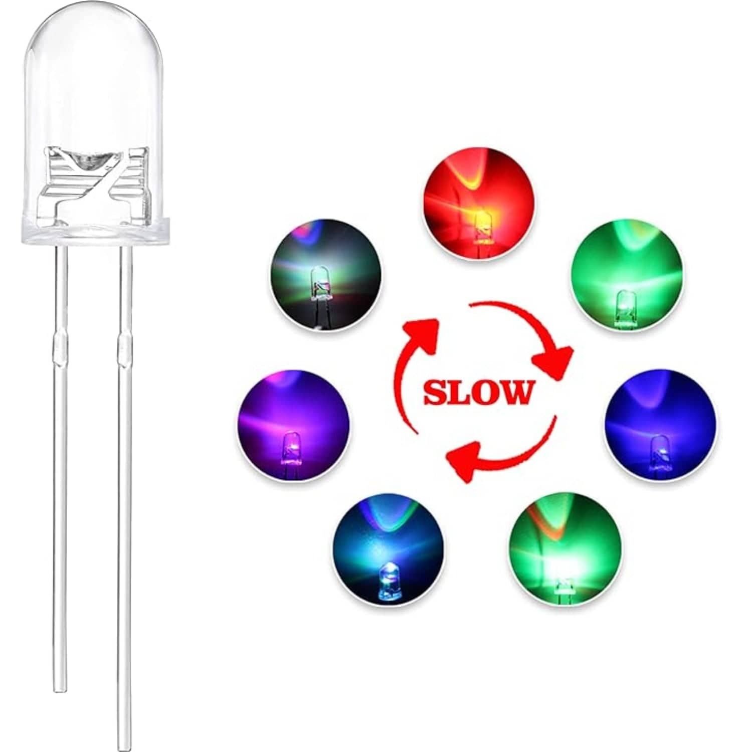 2 Pin 7-Colour LED Transparent, 5mm Water Clear RGB LED