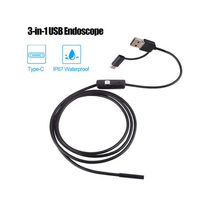 3 in 1 Android 7mm Endoscope Camera USB Inspection Camera 1M Length Endoscope 6 LED Endoscope IP67 Waterproof USB Inspection Camera For Android Mobile Phone Endoscope - RS6912