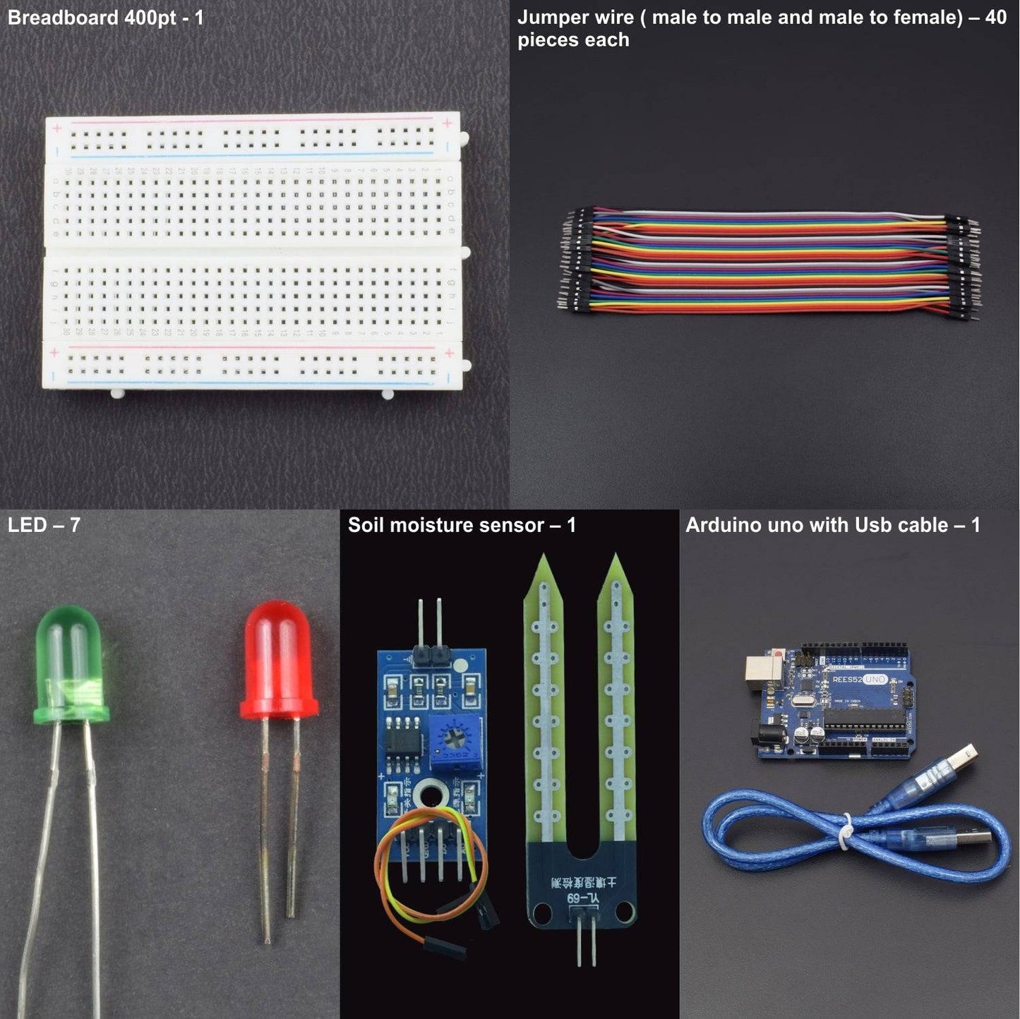 Measure the Value of Moisture in soil and show the output using 5 Led interfacing with Arduino uno - KT878 - REES52