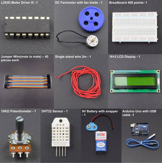 Make  a Temperature Controlled   Fan using DHT22 and 16*2 LCD interfacing with Arduino uno - KT820 - REES52