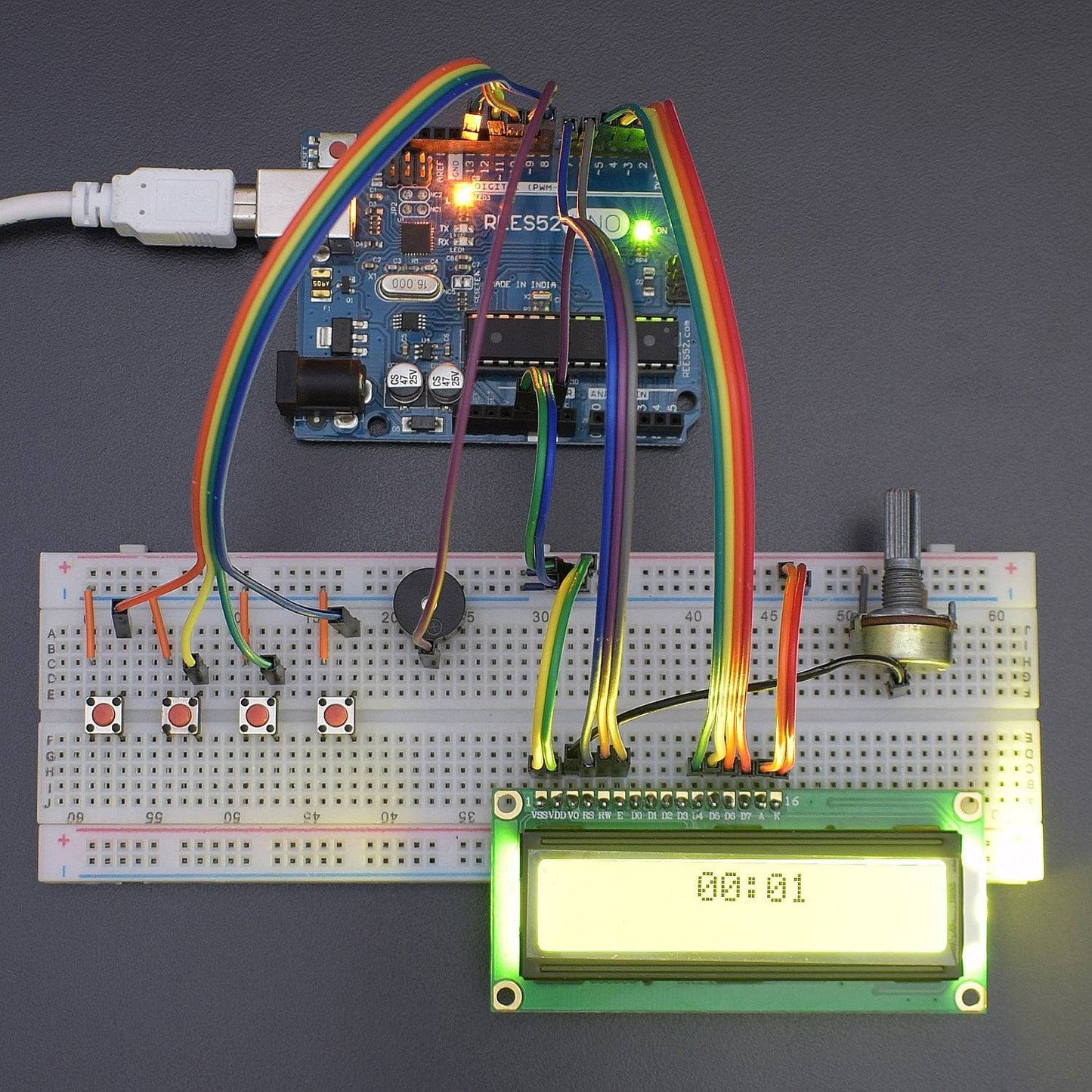 Make a Digital Display alarm clock using 16*2 LCD and buzzer interfacing with Arduino Uno - KT945 - REES52