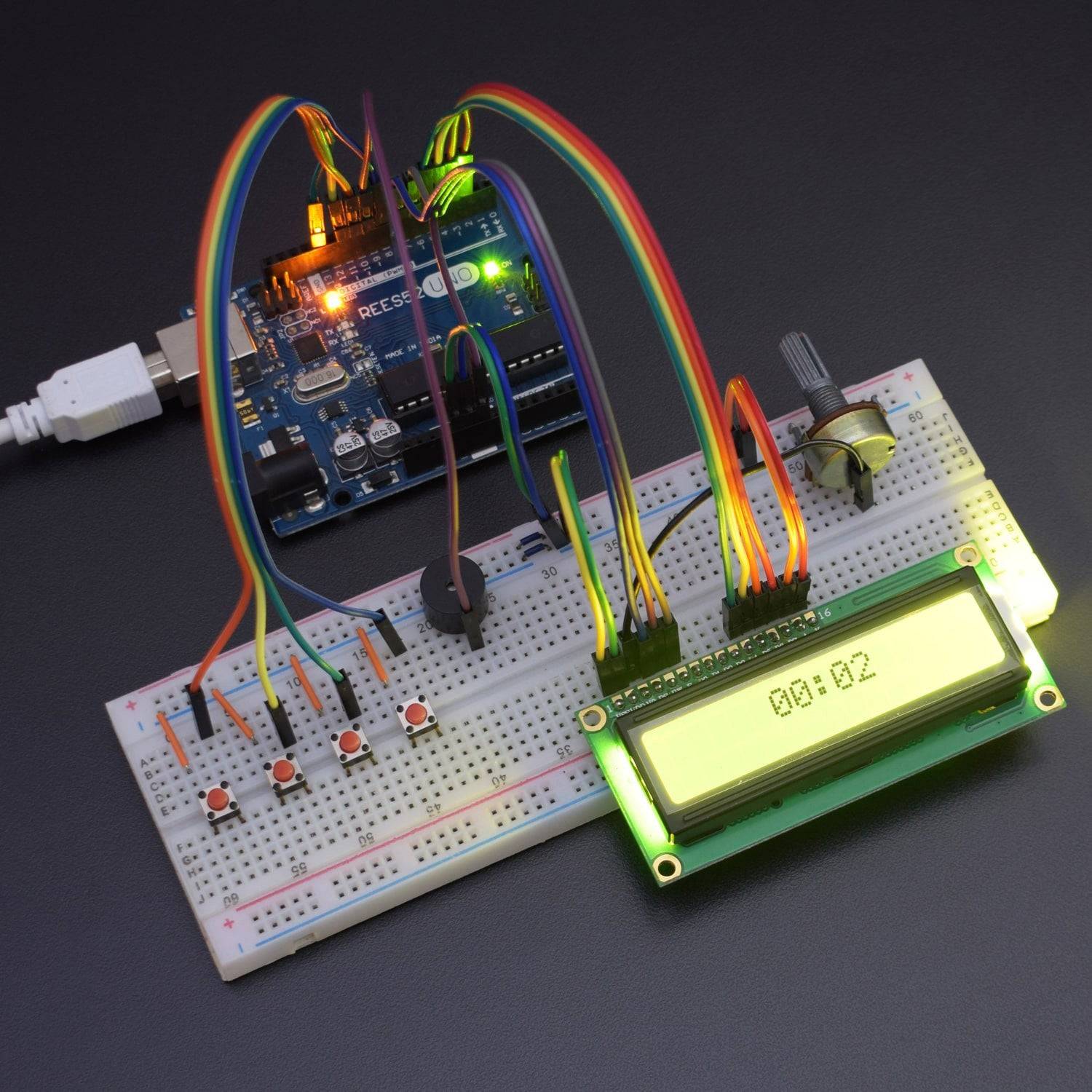 Make a Digital Display alarm clock using 16*2 LCD and buzzer interfacing with Arduino Uno - KT945 - REES52