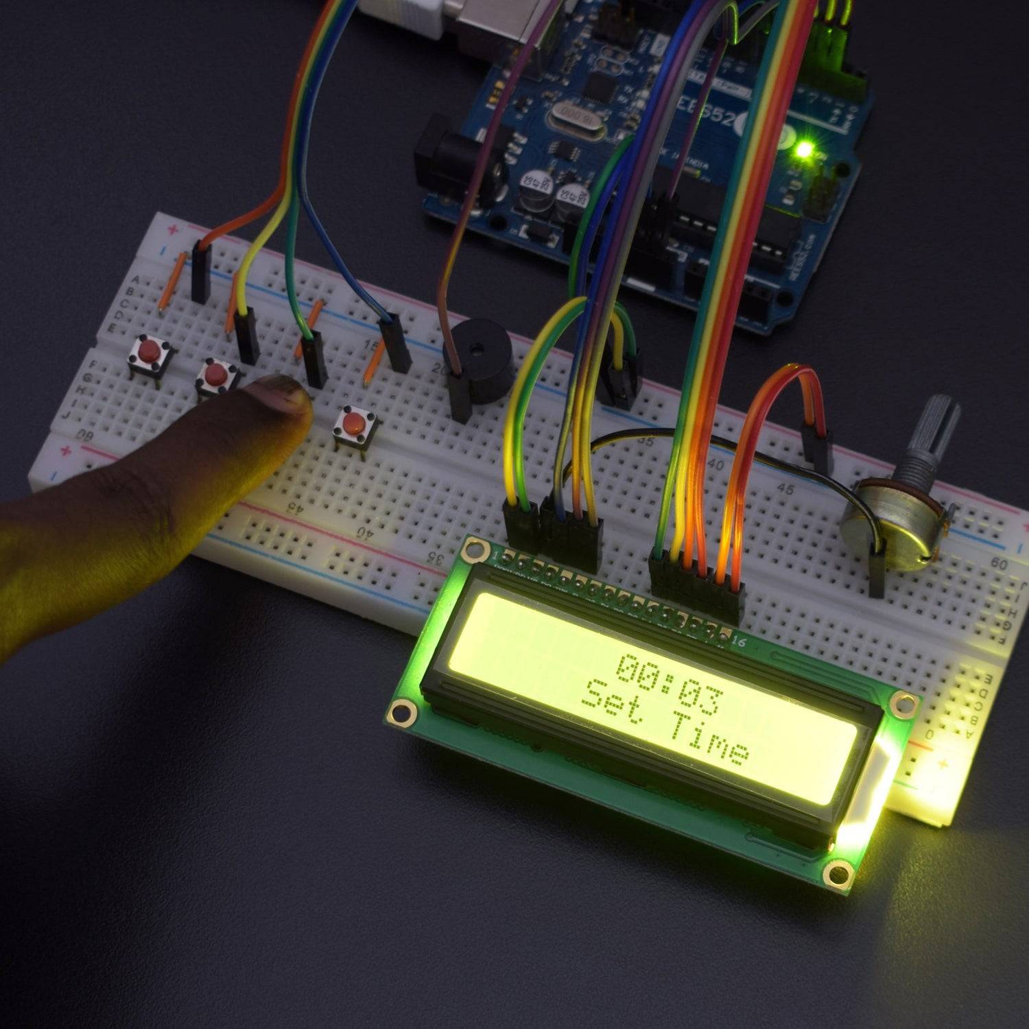 Make a Digital Display alarm clock using 16*2 LCD and buzzer interfacing with Arduino Uno - KT945 - REES52