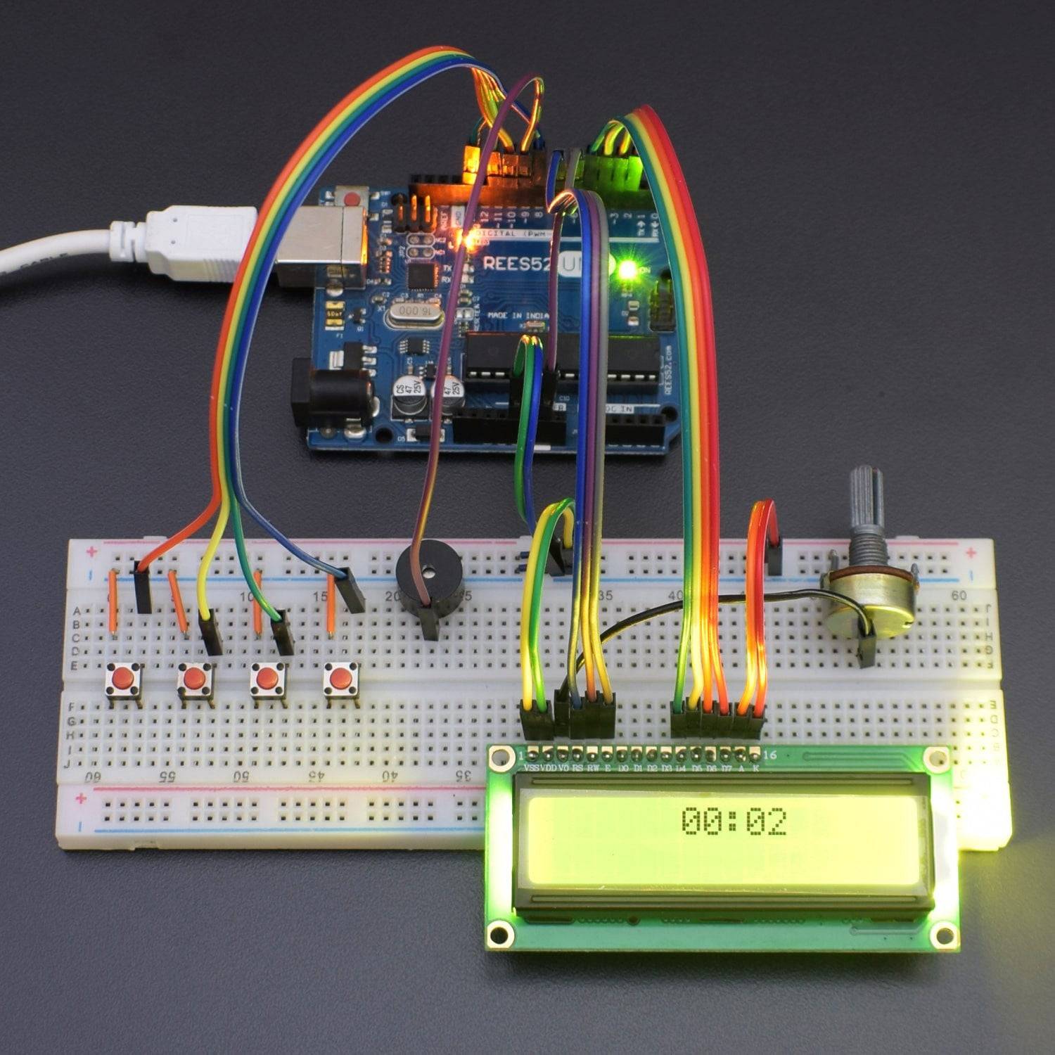 Make a Digital Display alarm clock using 16*2 LCD and buzzer interfacing with Arduino Uno - KT945 - REES52