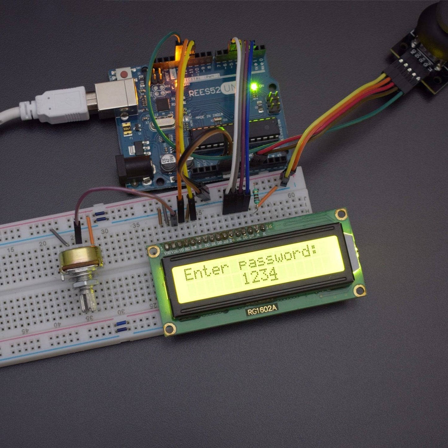 Access a 4 digit Passcode using joystick module and display the code on 16*2 Lcd interfacing with Arduino uno - KT986 - REES52