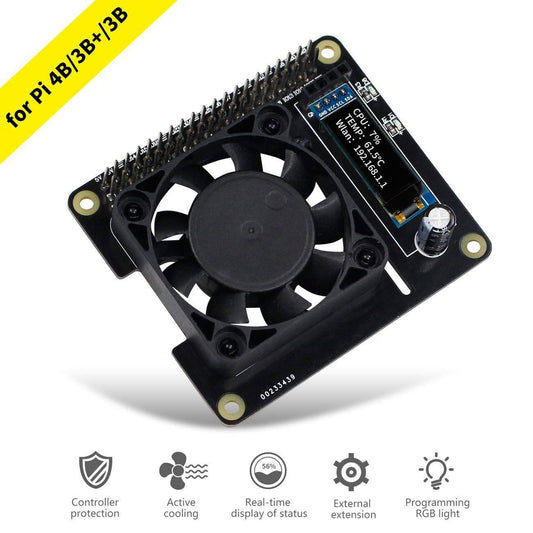 Raspberry Pi Cooling Fan with Temperature Control and Programmable RGB Light, OLED Real-time Display for Pi 4B 3B+ 3B- RS2638 - REES52