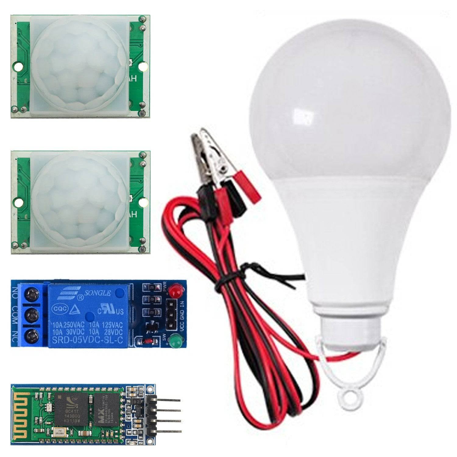 PIR Motion Sensor, Relay Module, Bluetooth Module and 9 or 12V Bulb with Clips- KT1340 - REES52