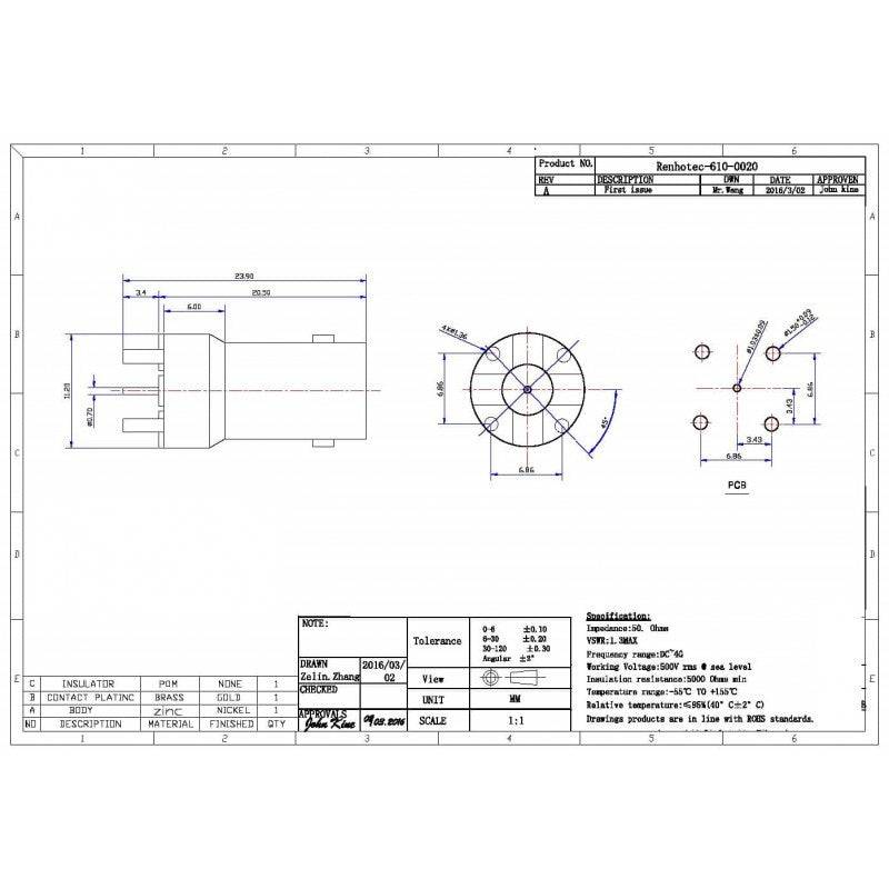 Female BNC Jack Connector Zinc Alloy Receptacle PCB Mount