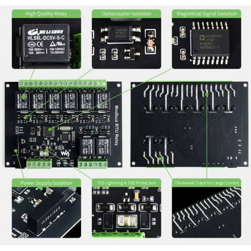 Waveshare Industrial Modbus RTU 8-Channel Relay Module RS485 Bus, Multi Protection - RS4765 - REES52