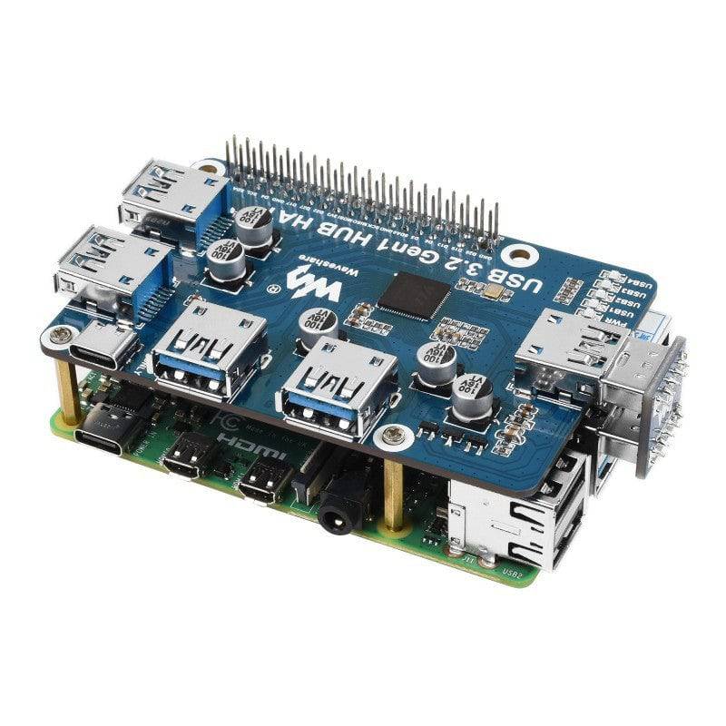 Waveshre USB 3.2 Gen1 HUB HAT for Raspberry Pi, 4x USB 3.2 Gen1 Ports, Driver-Free - RS743 - REES52