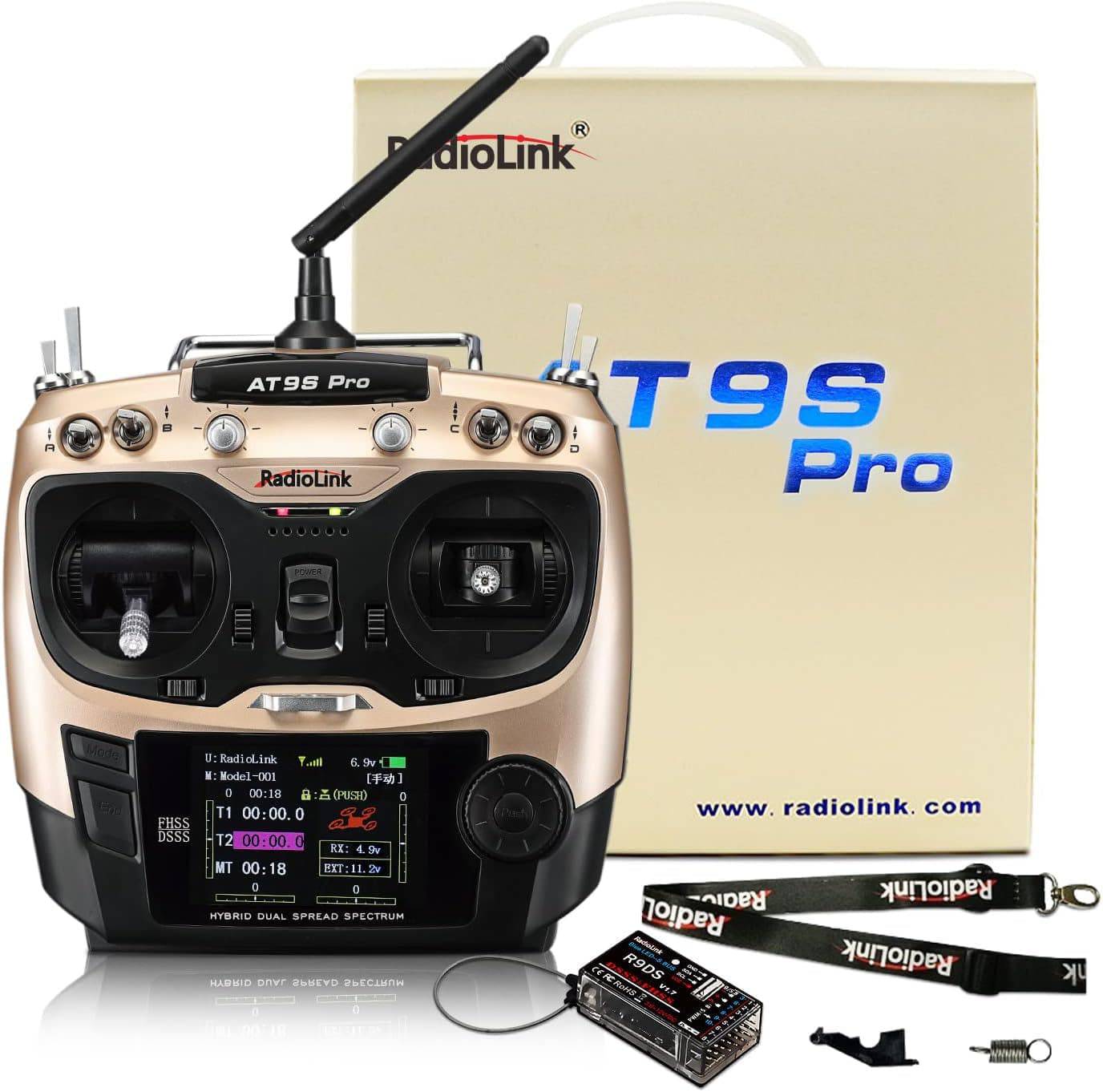Radiolink AT9S Pro 2.4GHz 12CH RC Drone Remote with R9DS Receiver, AT9S Pro Flight Controller - REES52